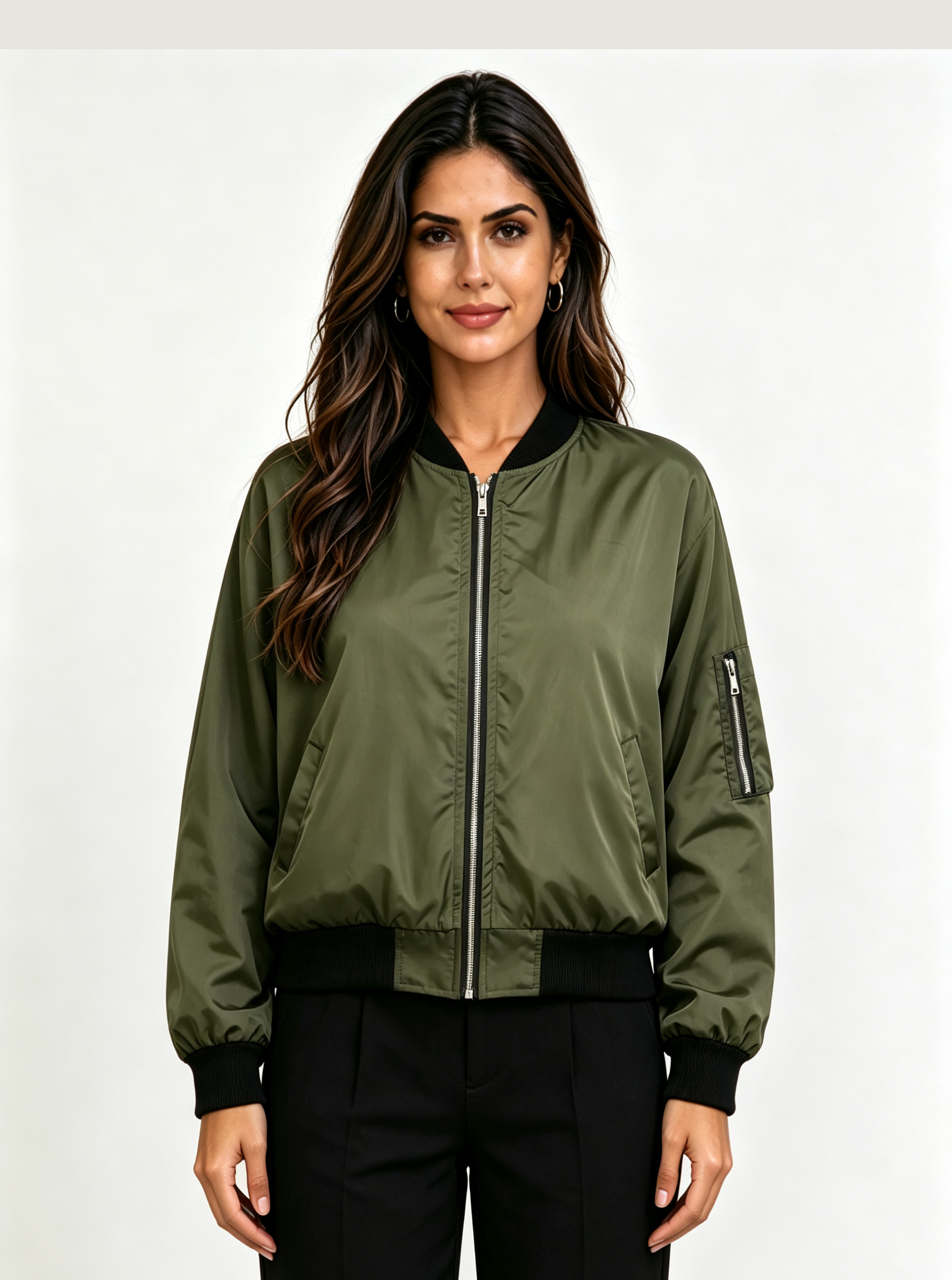 Green Solid Regular Bomber Jacket with Long Sleeves