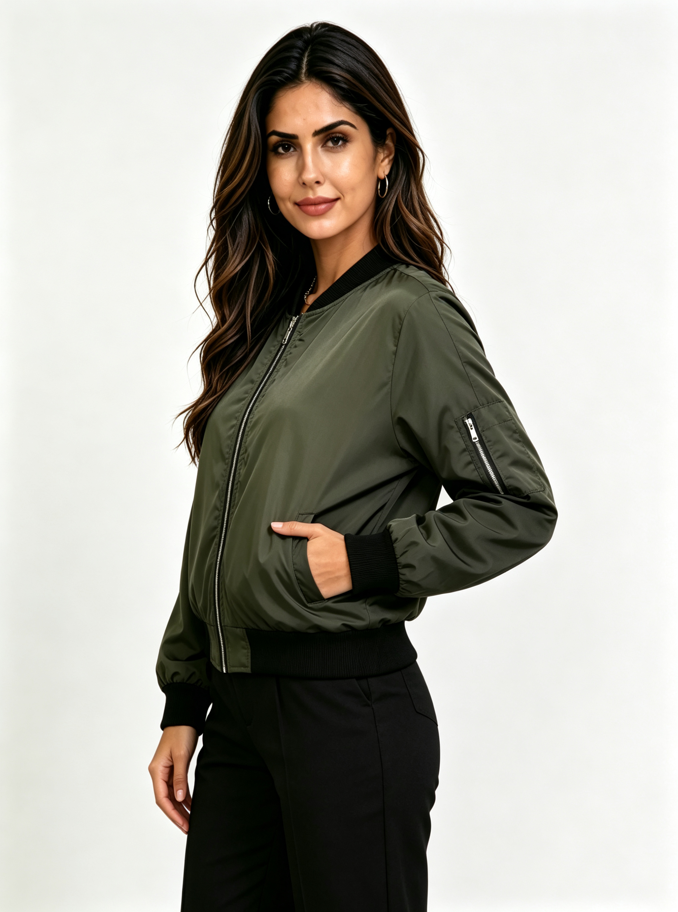 Green Solid Regular Bomber Jacket with Long Sleeves