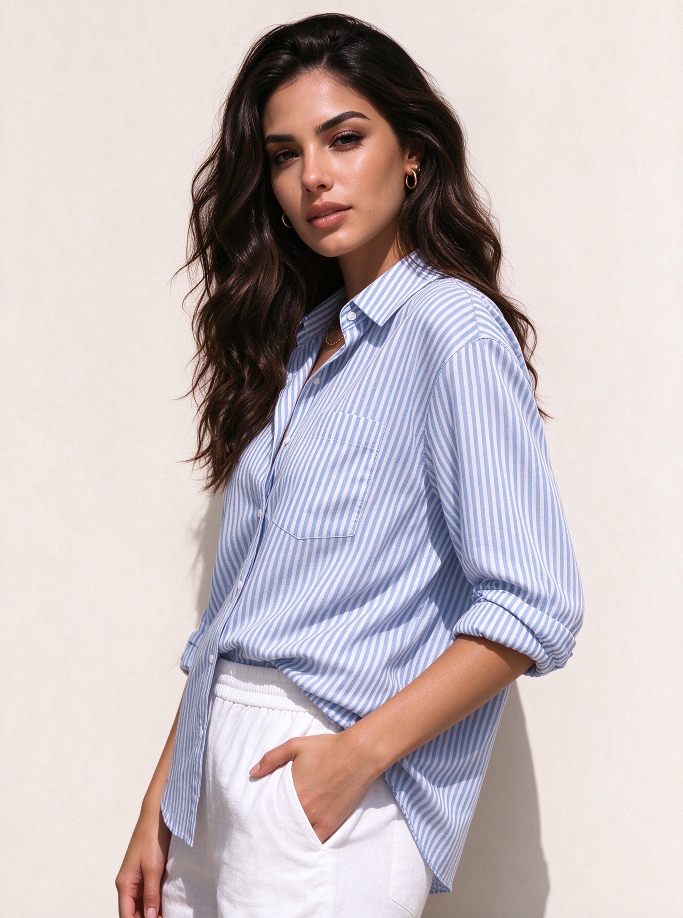 Light Blue Striped Long Sleeves Relaxed Shirt