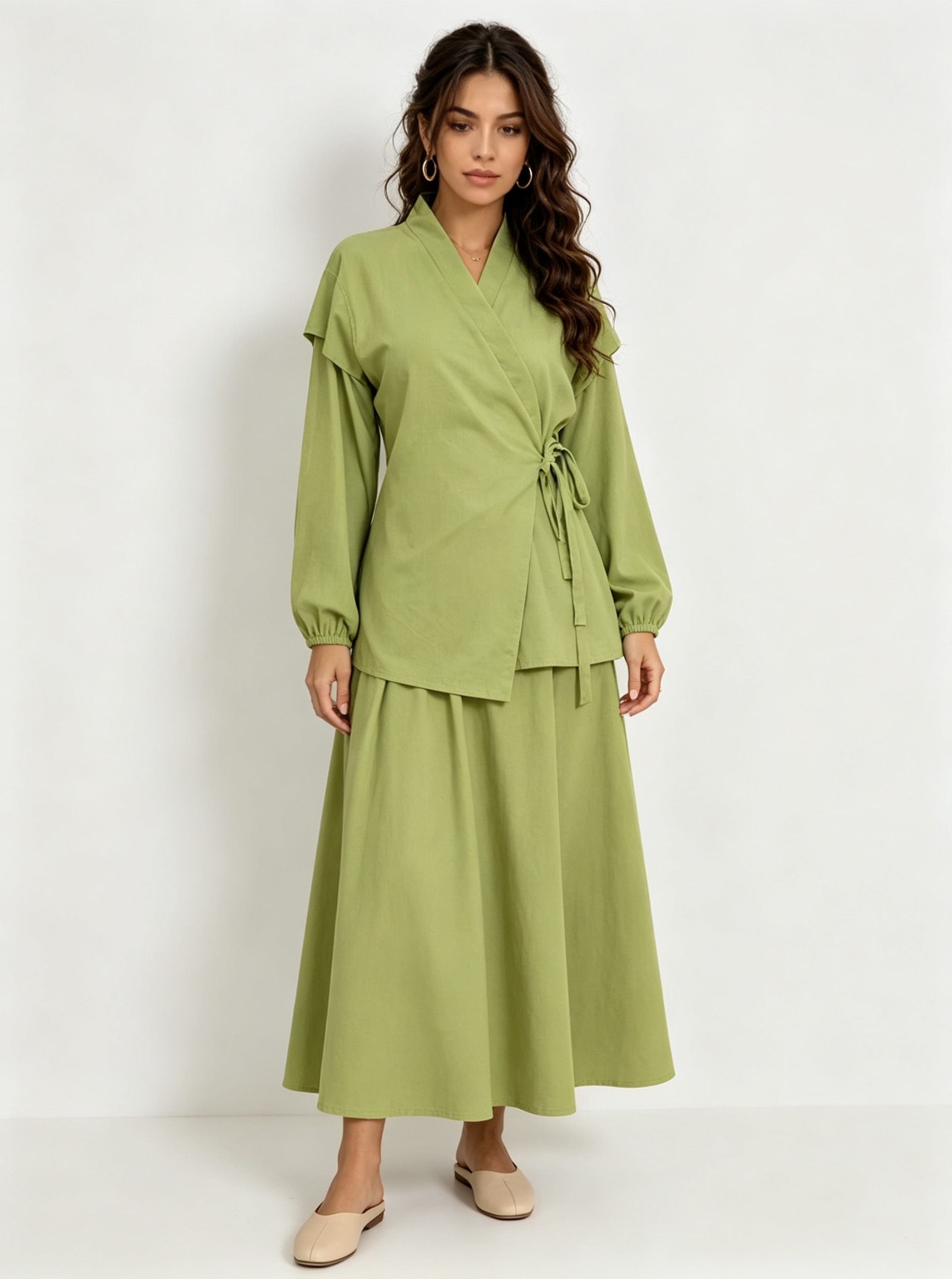 Green Solid Wrap and Wide Leg Co-Ords