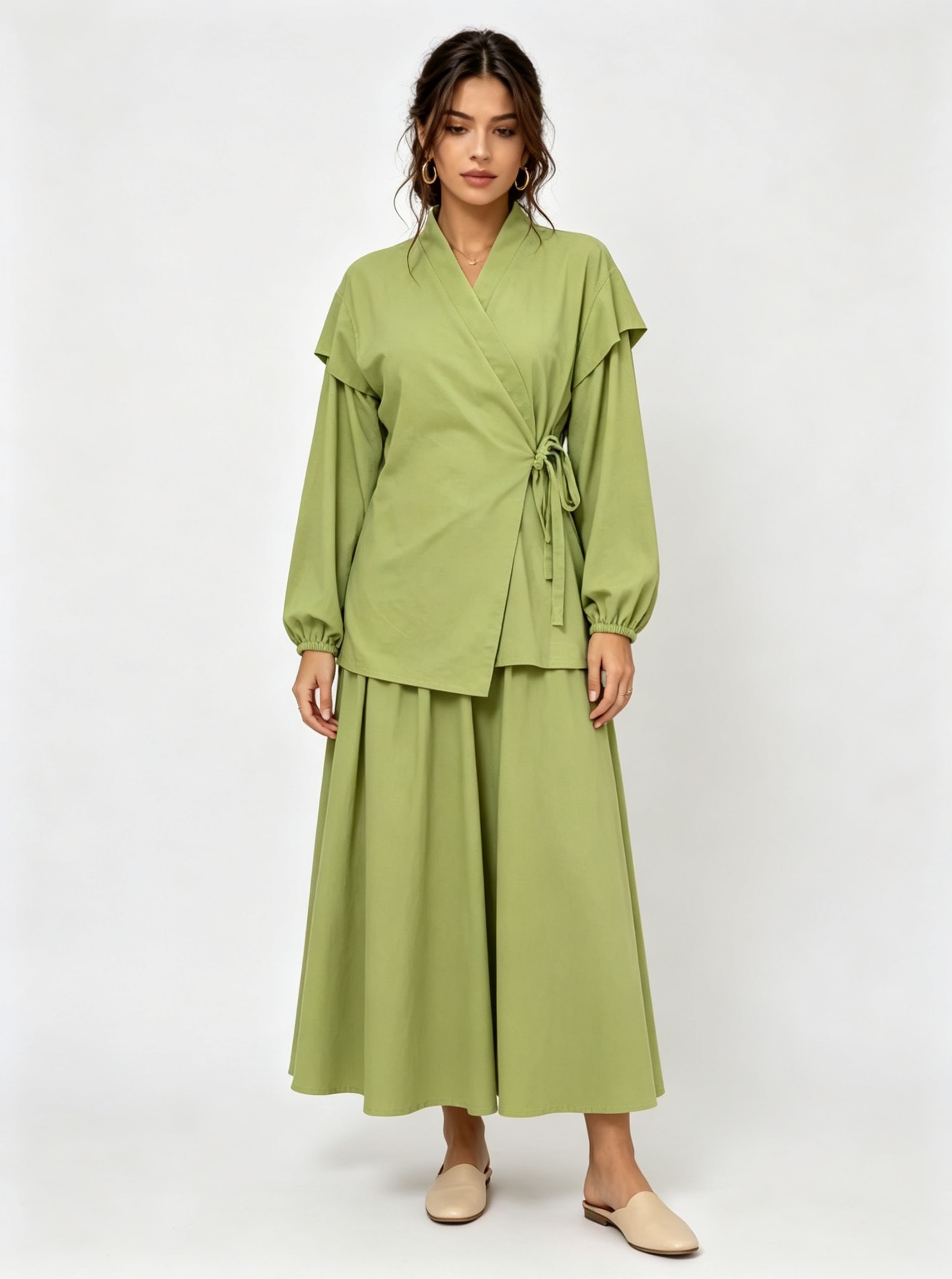 Green Solid Wrap and Wide Leg Co-Ords