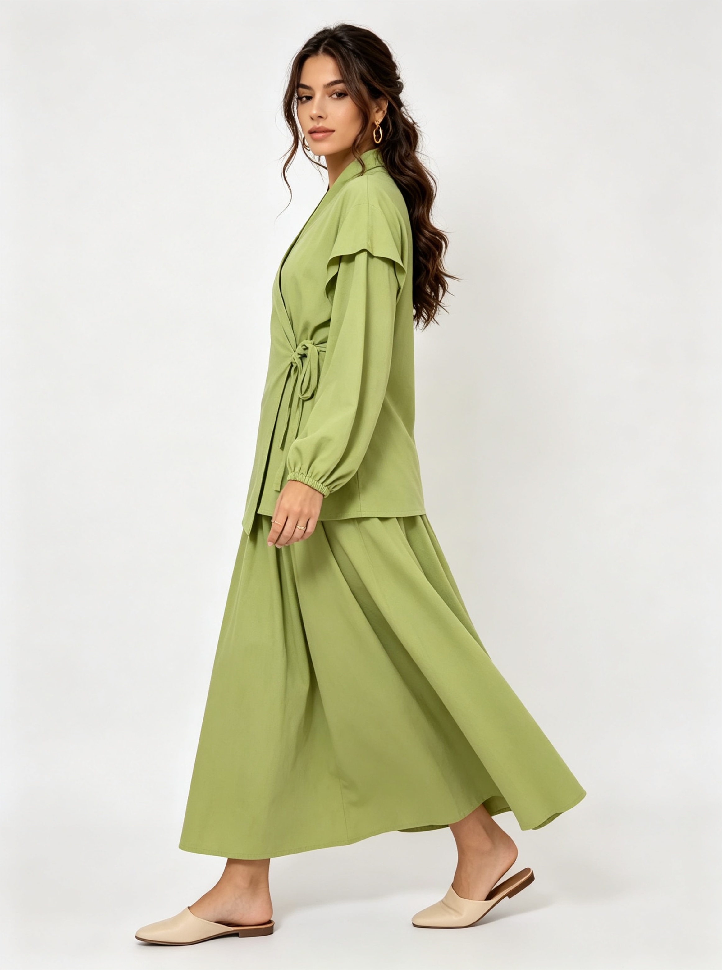 Green Solid Wrap and Wide Leg Co-Ords