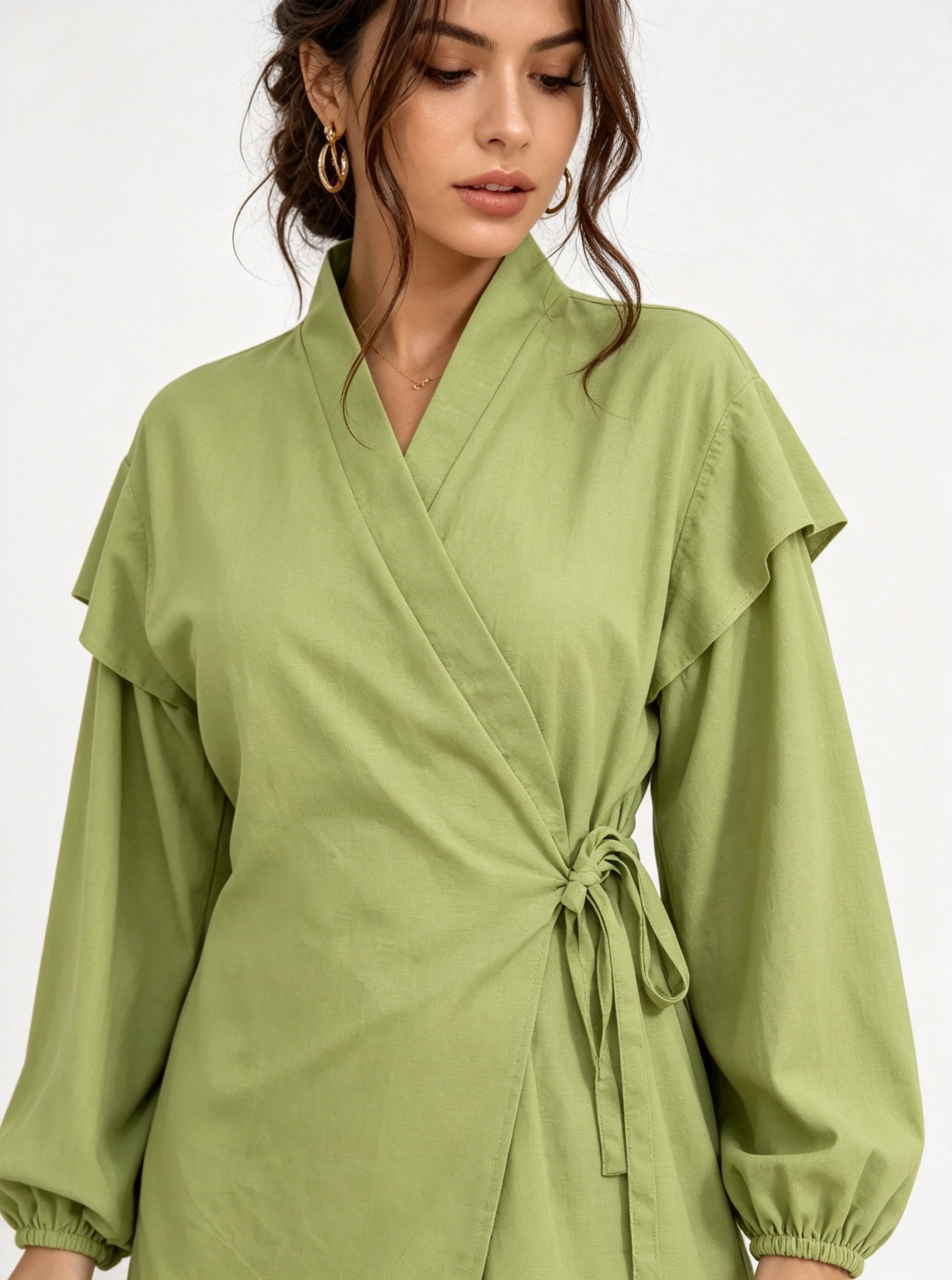 Green Solid Wrap and Wide Leg Co-Ords