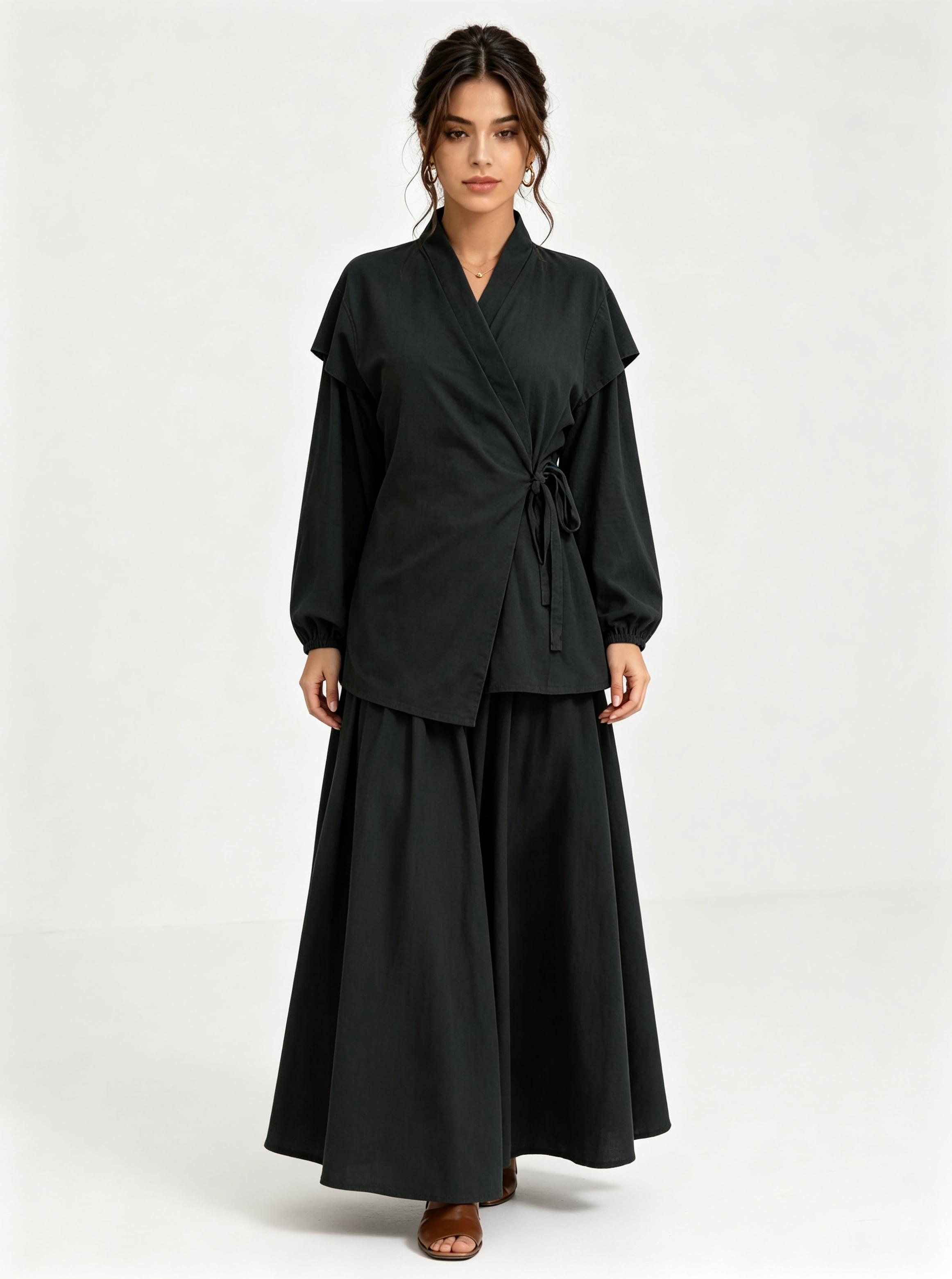 Black Solid Wrap and Wide Leg Co-Ords