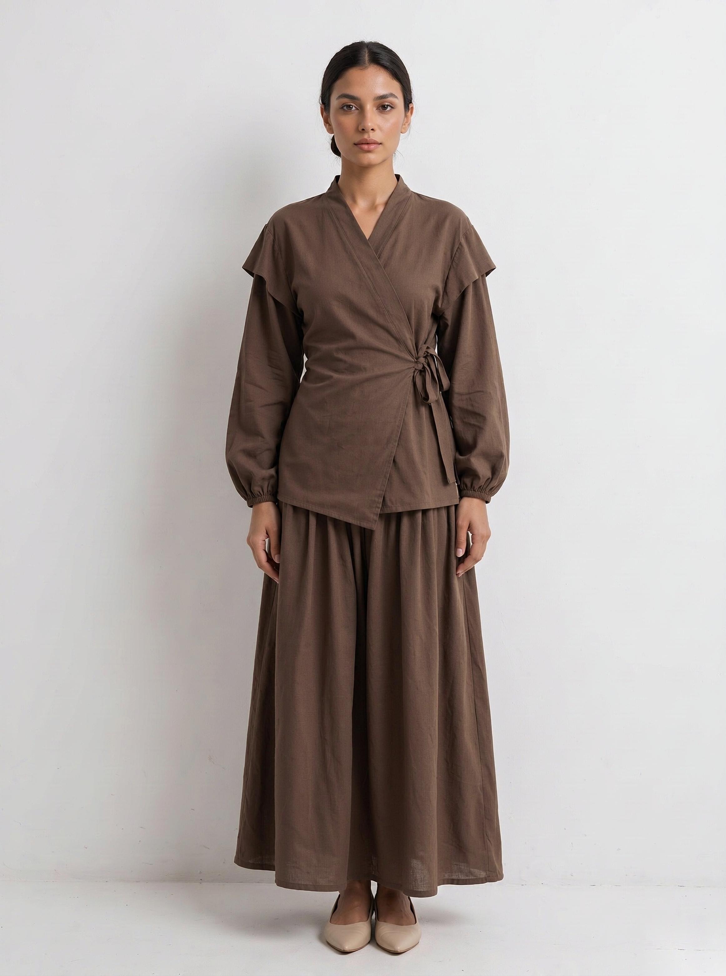 Brown Solid Wrap and Wide Leg Co-Ords