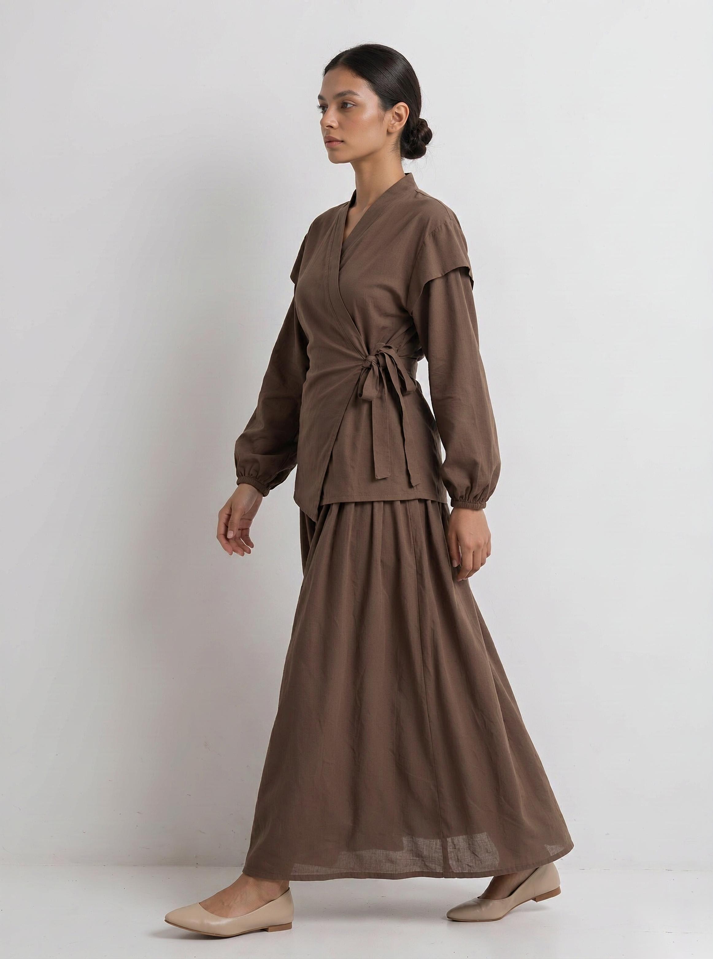 Brown Solid Wrap and Wide Leg Co-Ords