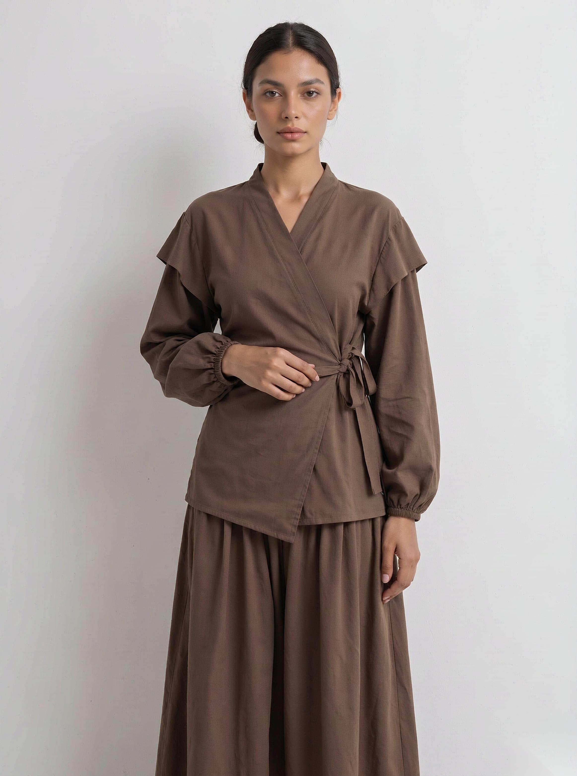 Brown Solid Wrap and Wide Leg Co-Ords