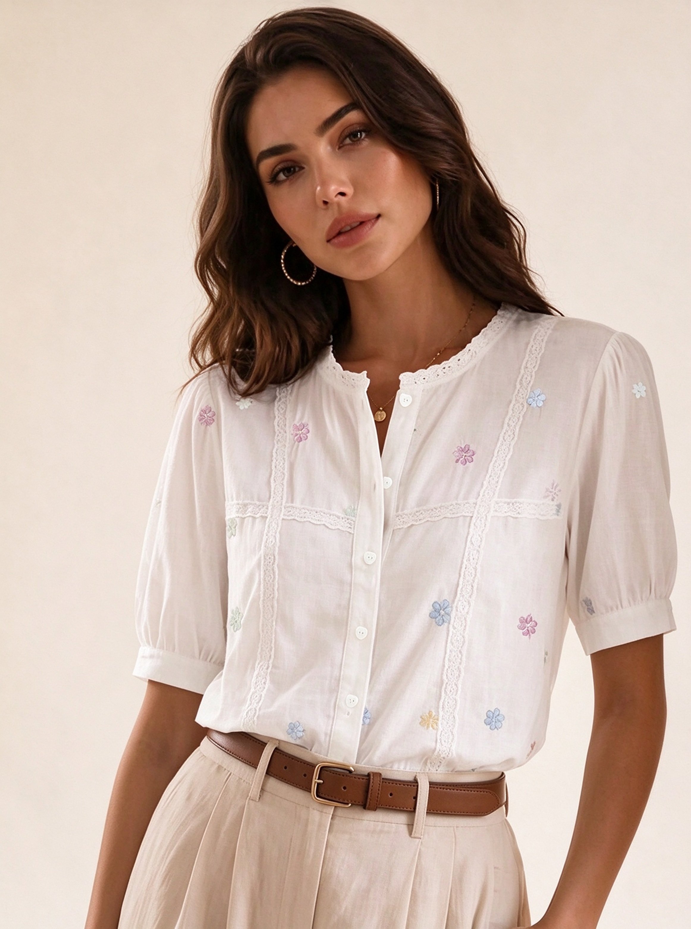 White Embroidered Round Neck Blouse