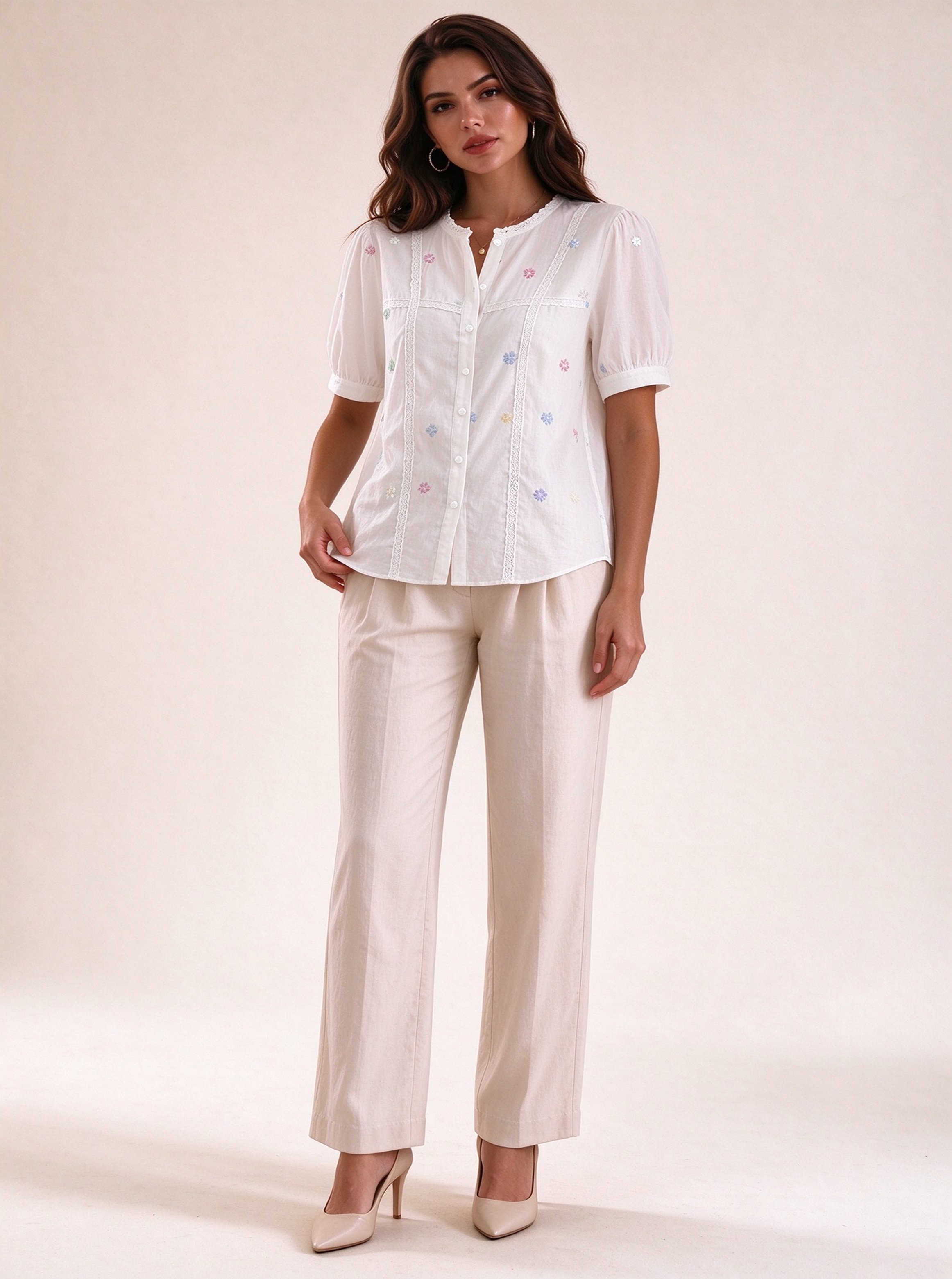 White Embroidered Round Neck Blouse
