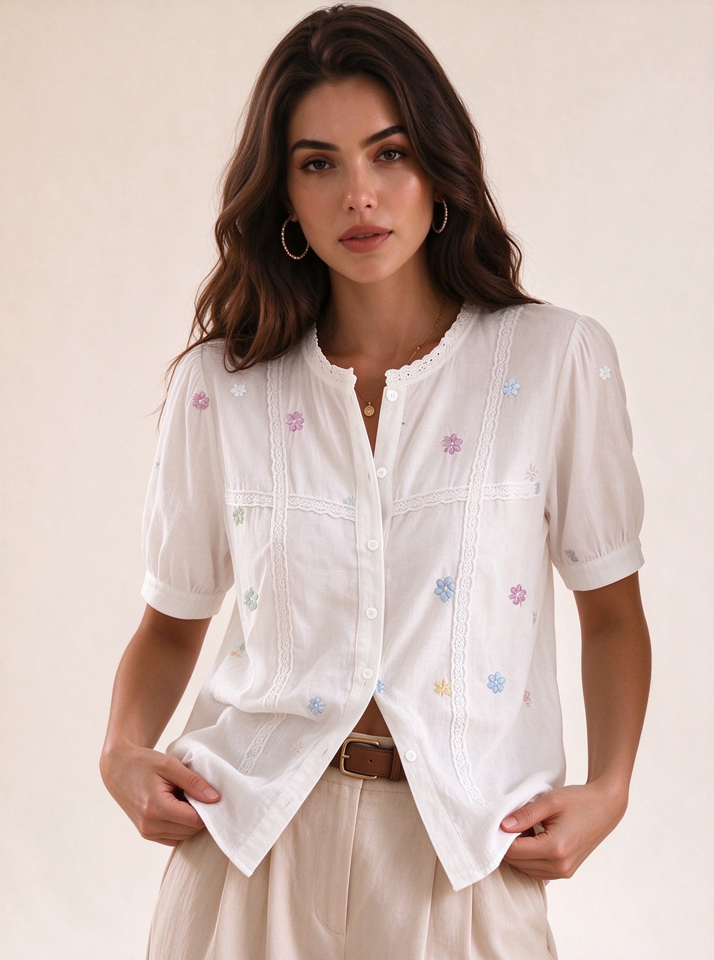 White Embroidered Round Neck Blouse