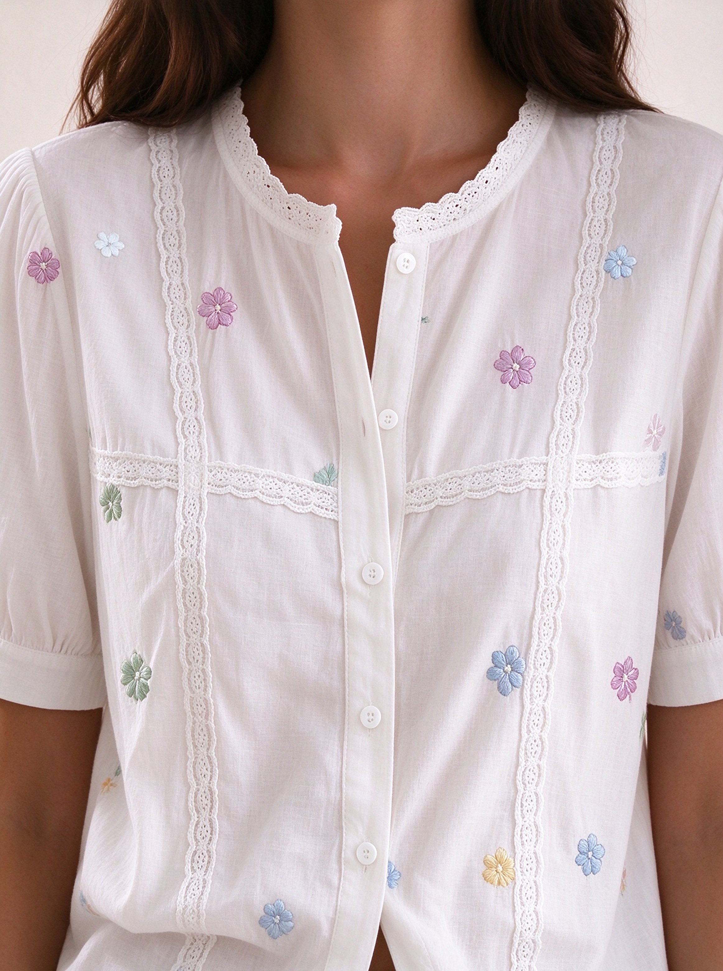 White Embroidered Round Neck Blouse