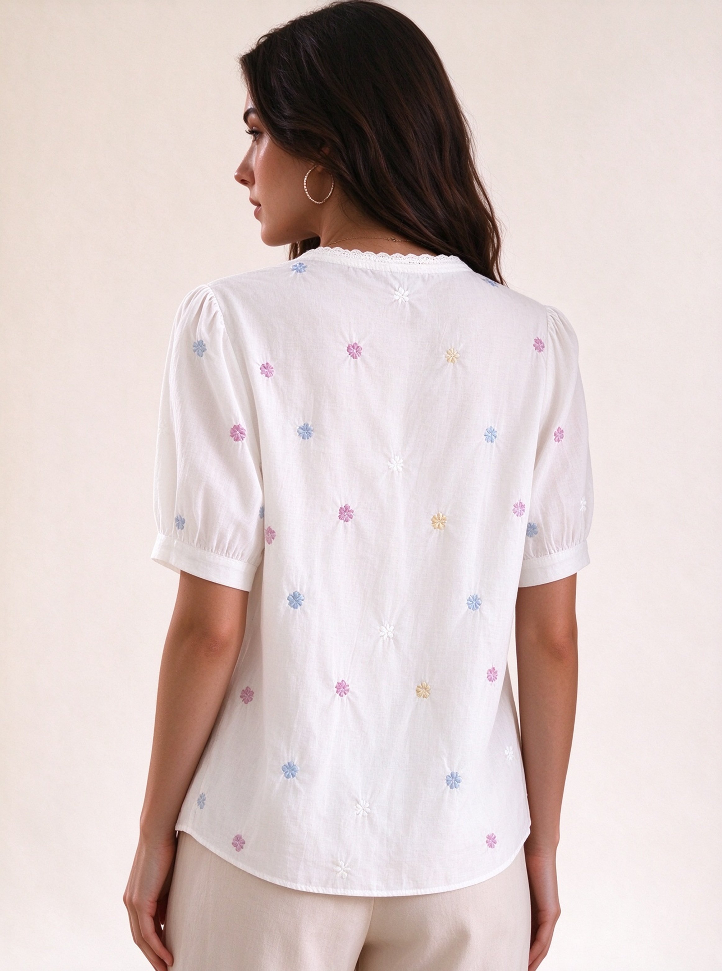 White Embroidered Round Neck Blouse