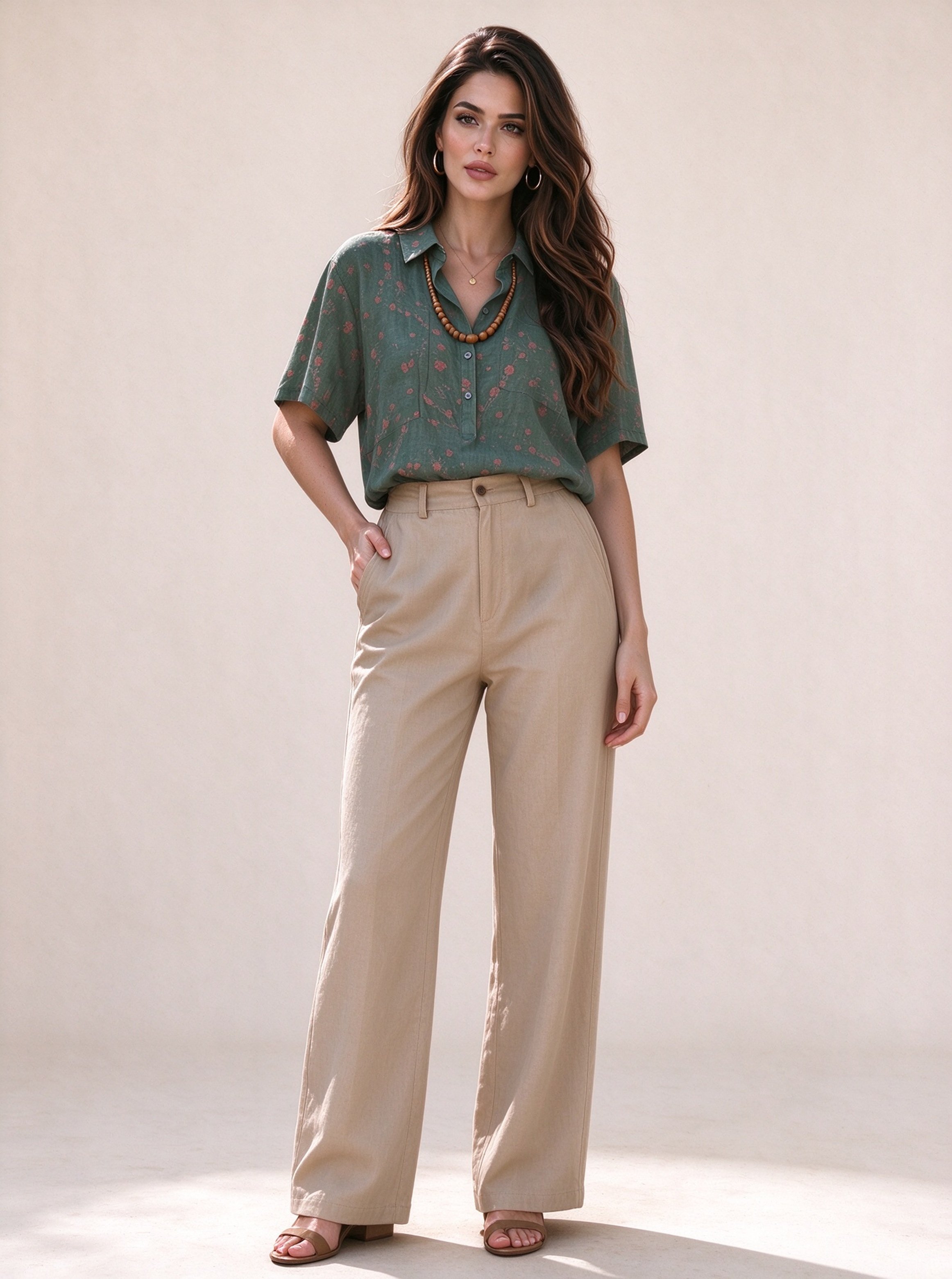 Dark Green Floral Short Sleeves Regular Shirt