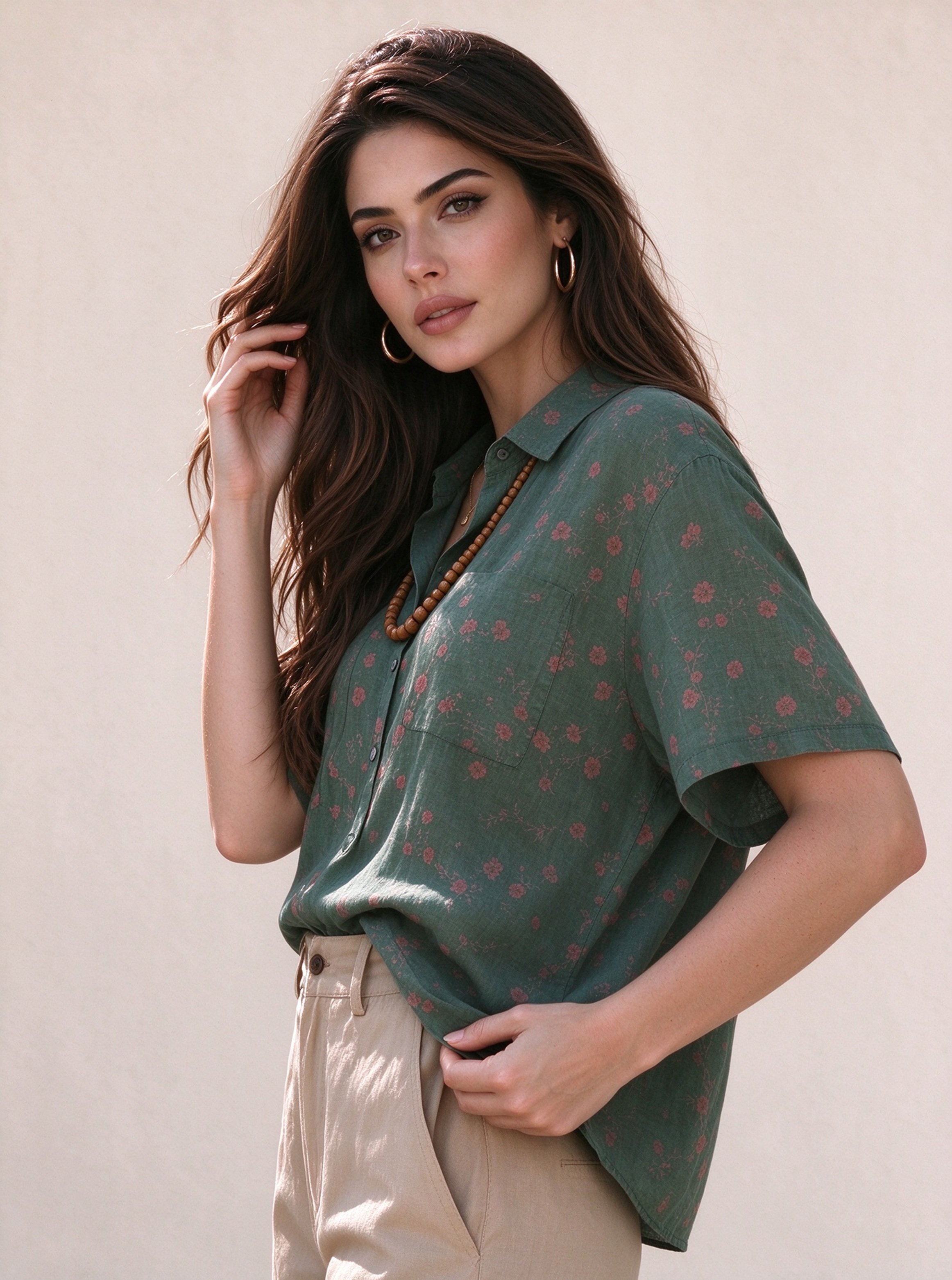 Dark Green Floral Short Sleeves Regular Shirt
