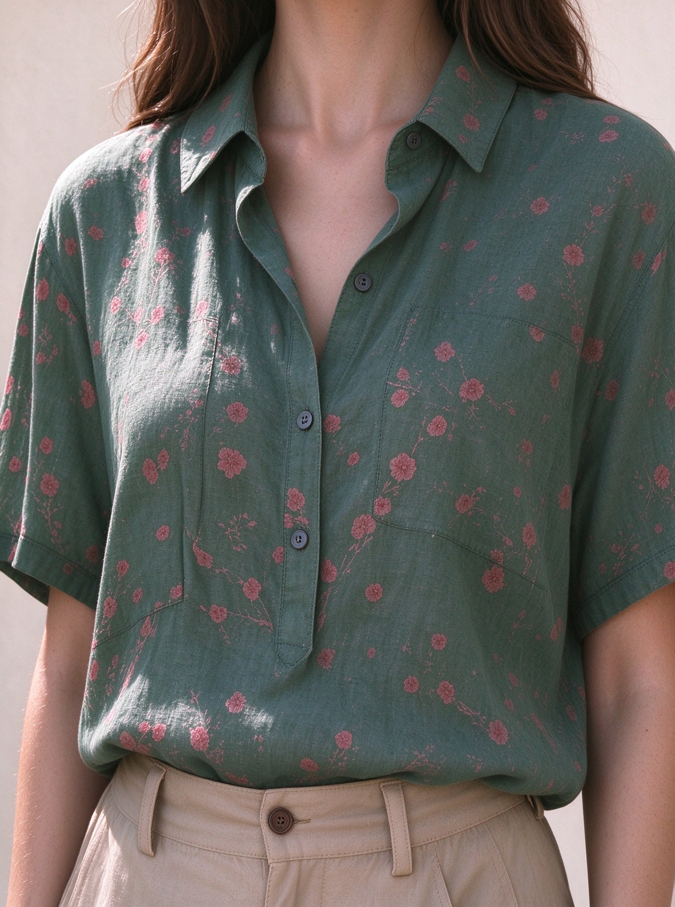 Dark Green Floral Short Sleeves Regular Shirt
