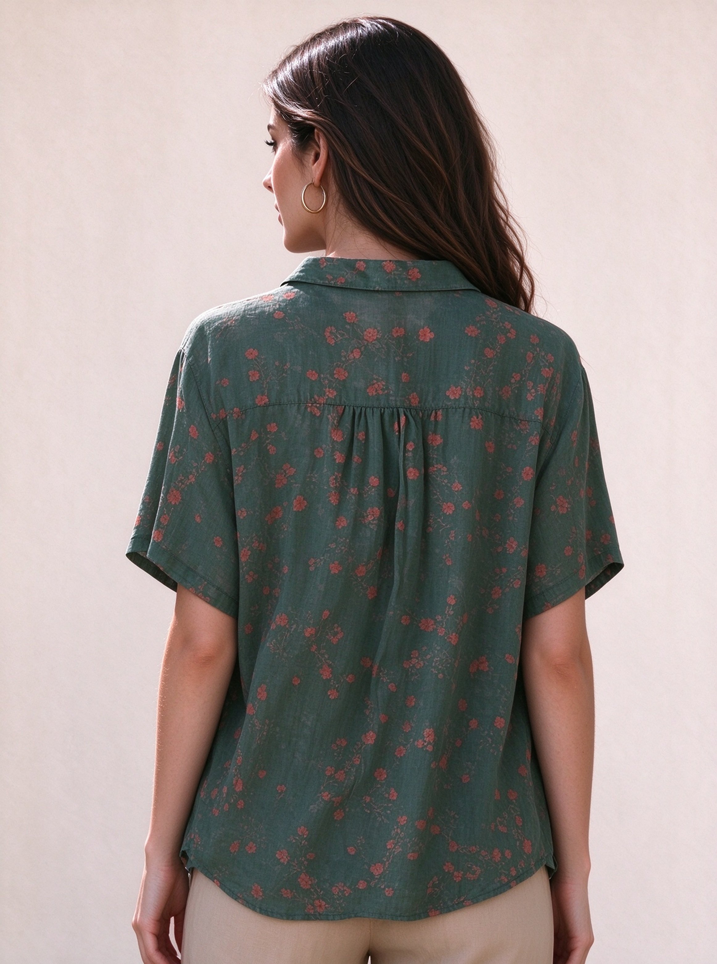 Dark Green Floral Short Sleeves Regular Shirt