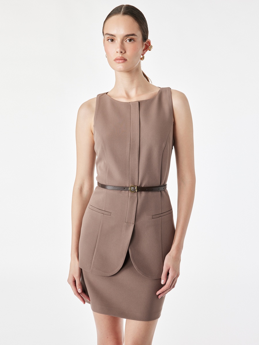 Sleeveless Brown Mini Bodycon Dress with Belt