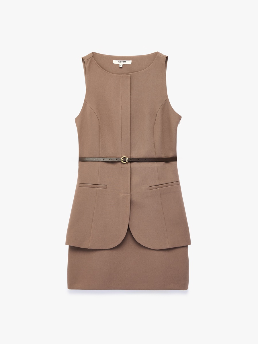Sleeveless Brown Mini Bodycon Dress with Belt