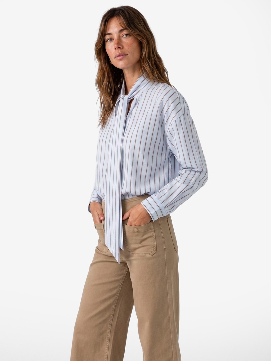 Blue Striped Pussy-Bow Long Sleeve Shirt