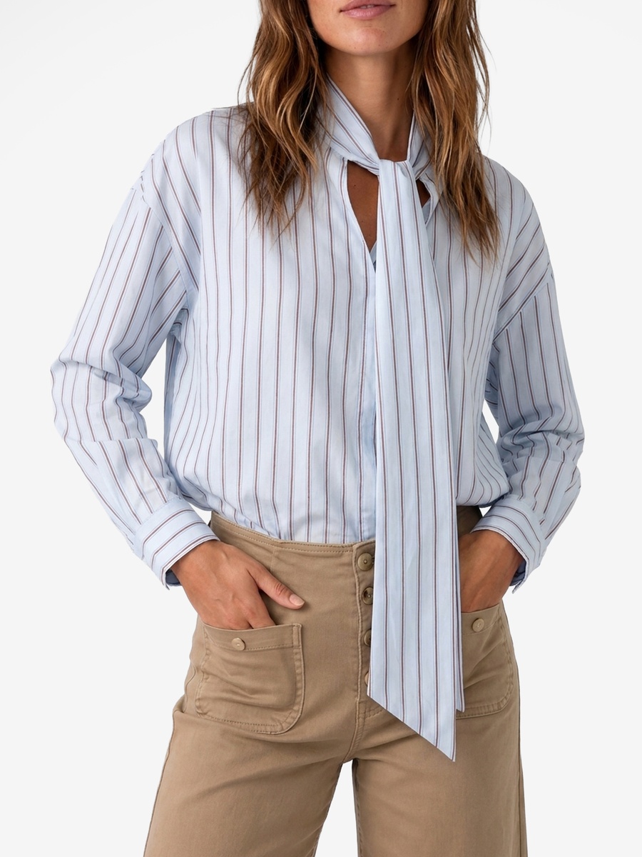 Blue Striped Pussy-Bow Long Sleeve Shirt