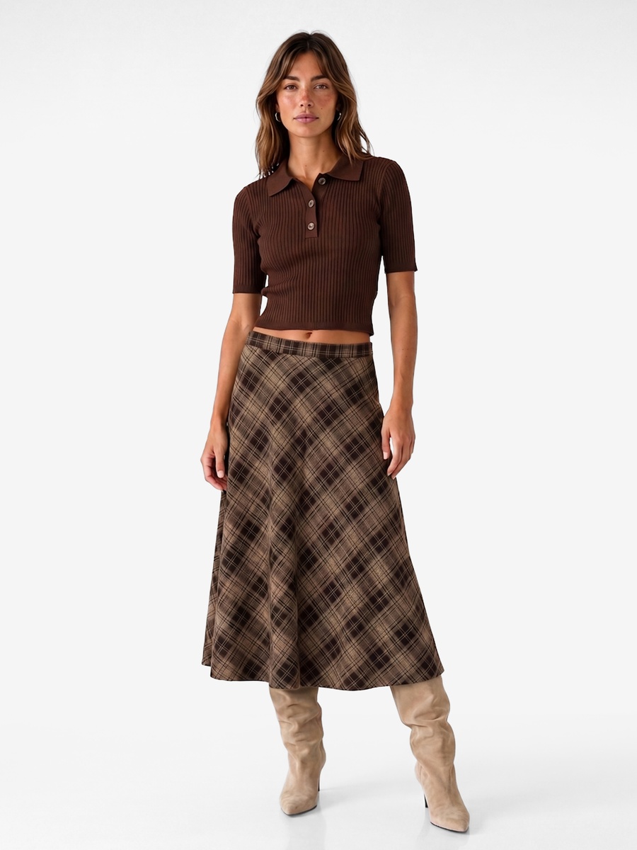 Brown A-Line Plaid Midi Skirt