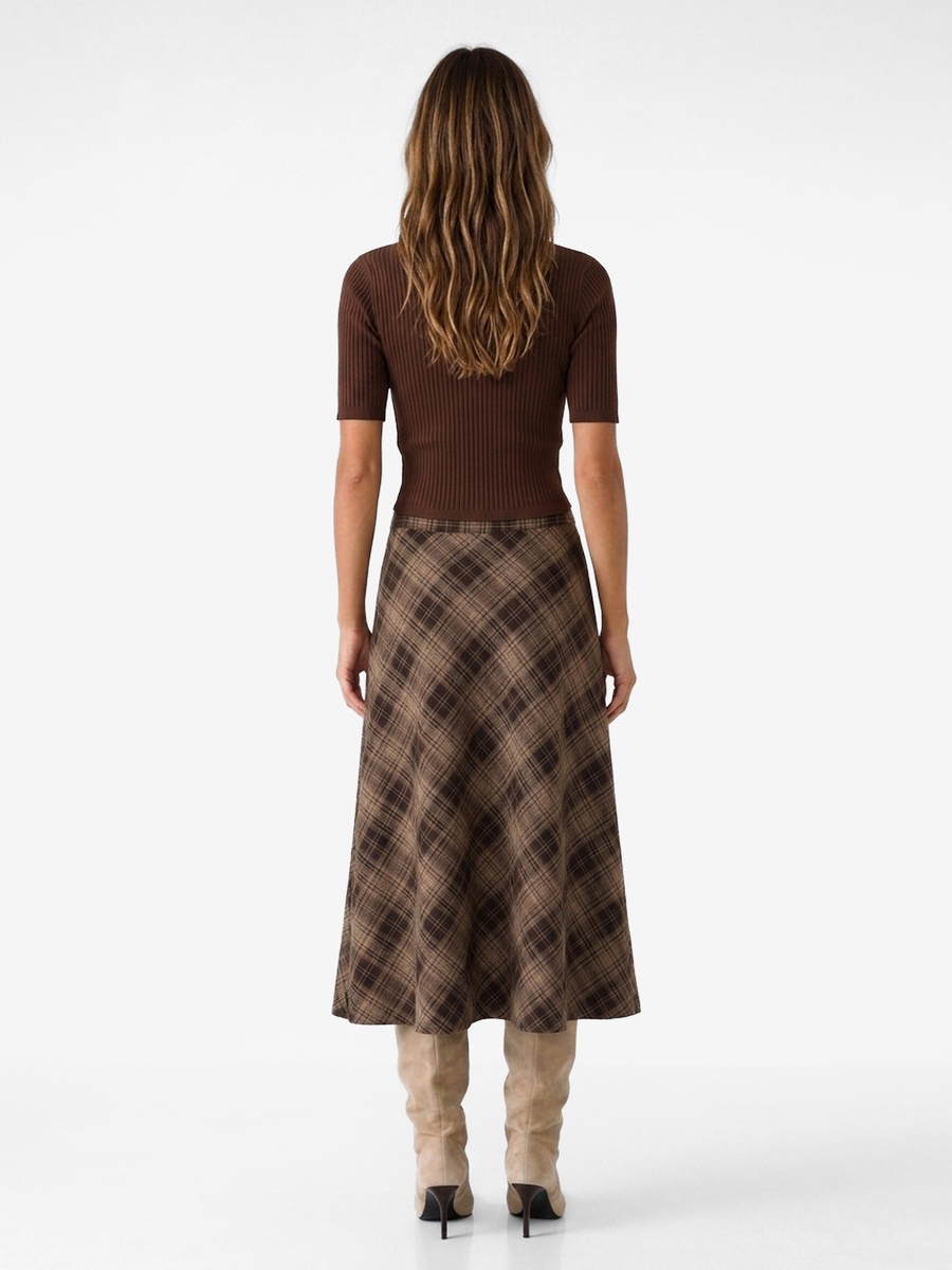 Brown A-Line Plaid Midi Skirt