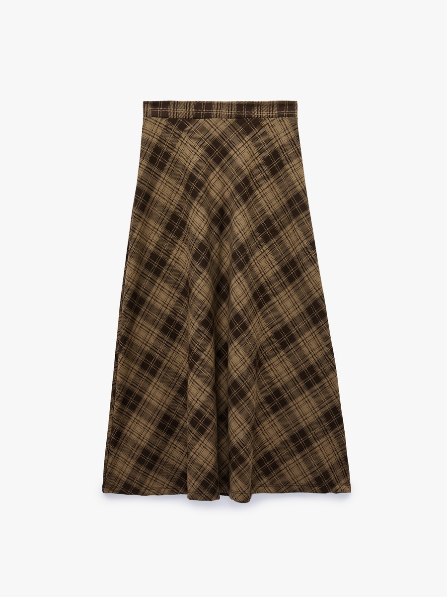 Brown A-Line Plaid Midi Skirt