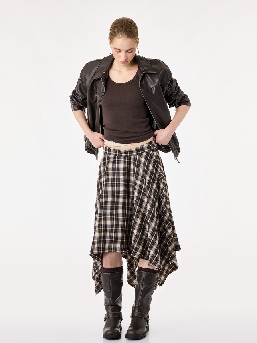 Navy Blue Plaid A-Line Midi Skirt