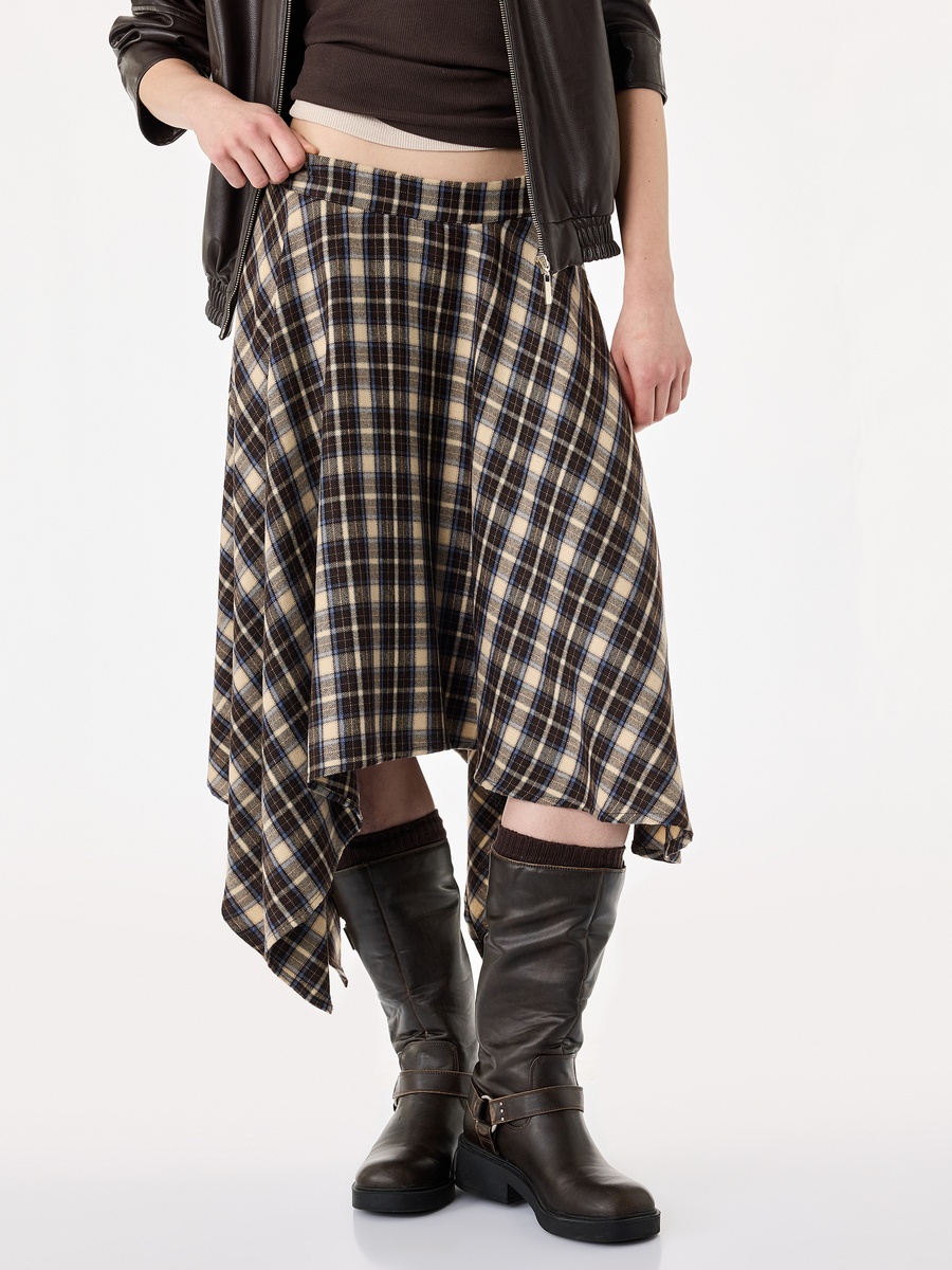 Navy Blue Plaid A-Line Midi Skirt