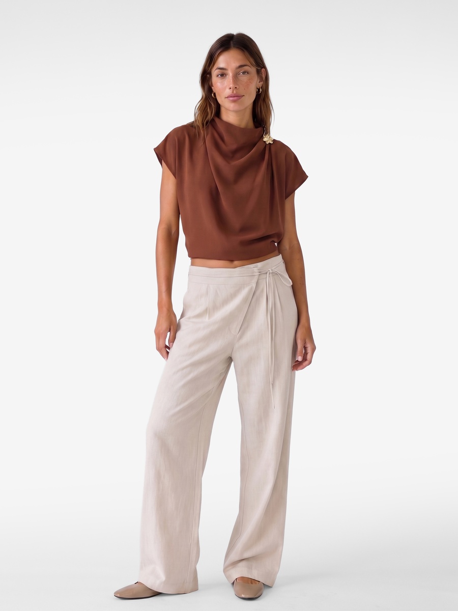 Brown Short Sleeve Draped Blouse