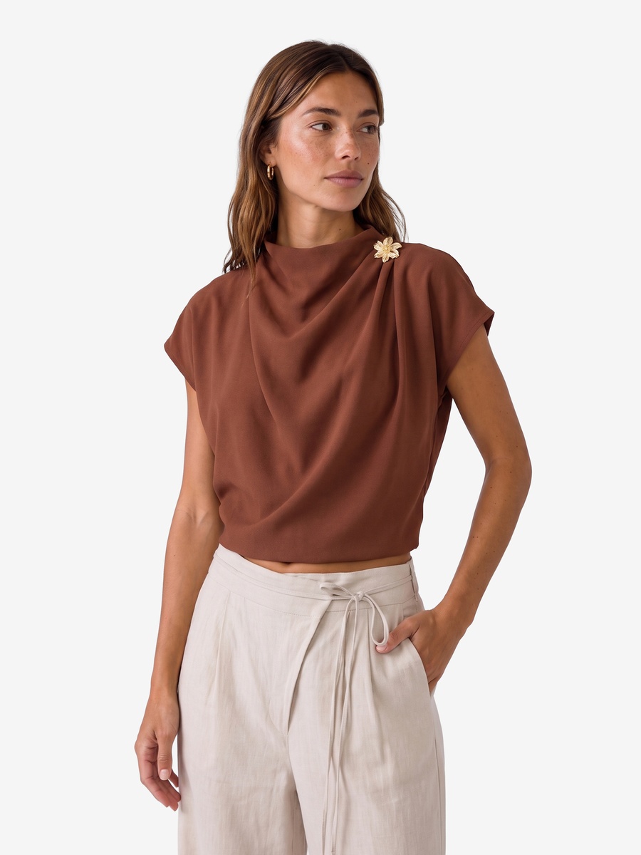 Brown Short Sleeve Draped Blouse