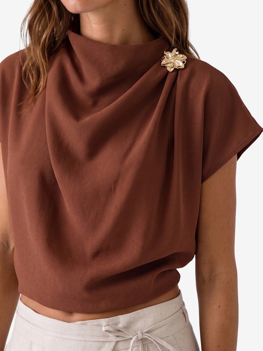 Brown Short Sleeve Draped Blouse