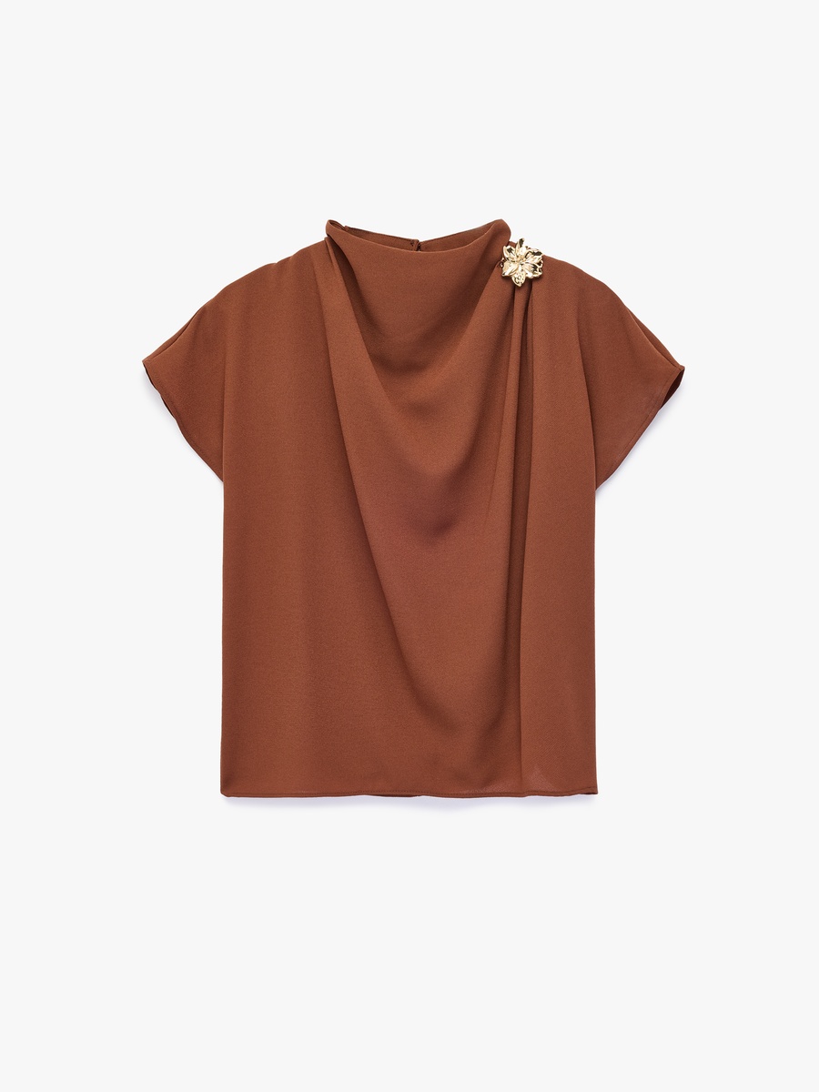 Brown Short Sleeve Draped Blouse