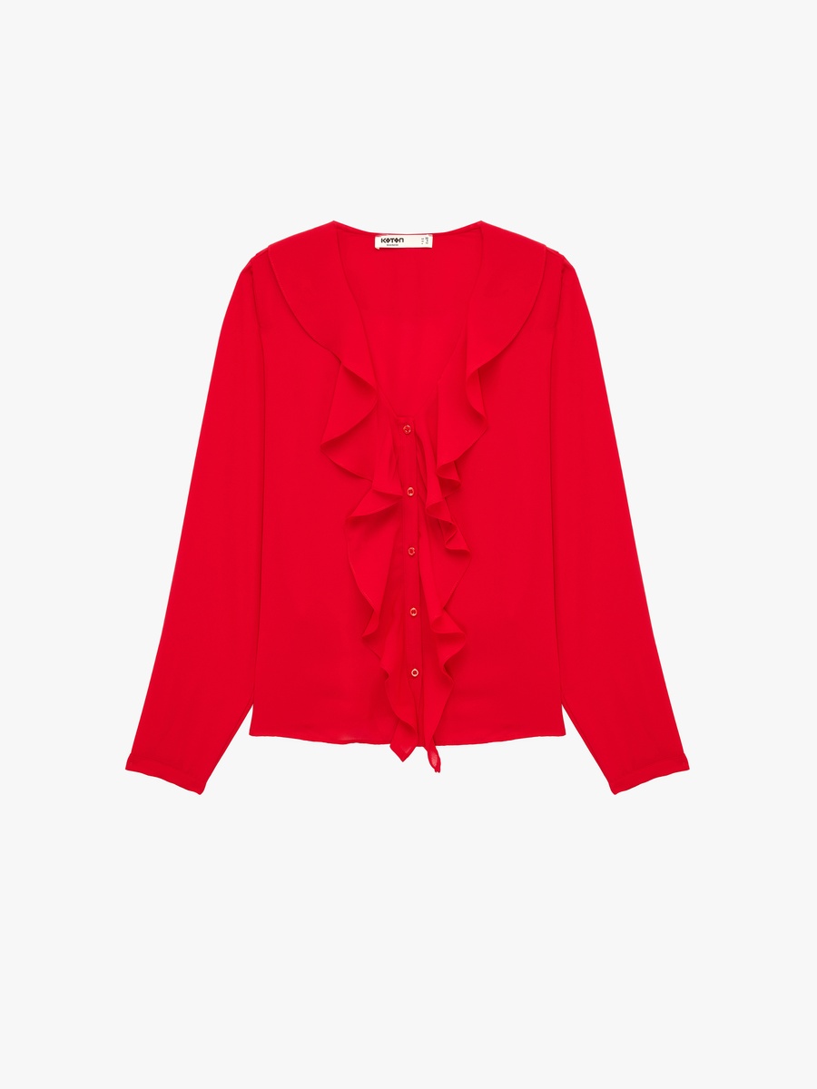 Red Ruffled Long Sleeve Blouse
