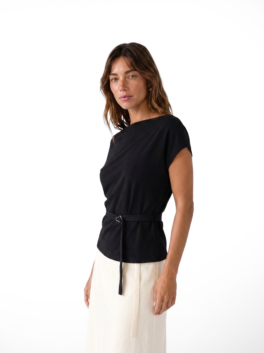 Black Boat Neck Short Sleeve Blouse