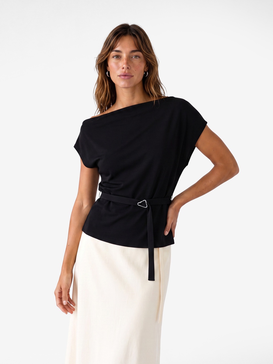 Black Boat Neck Short Sleeve Blouse