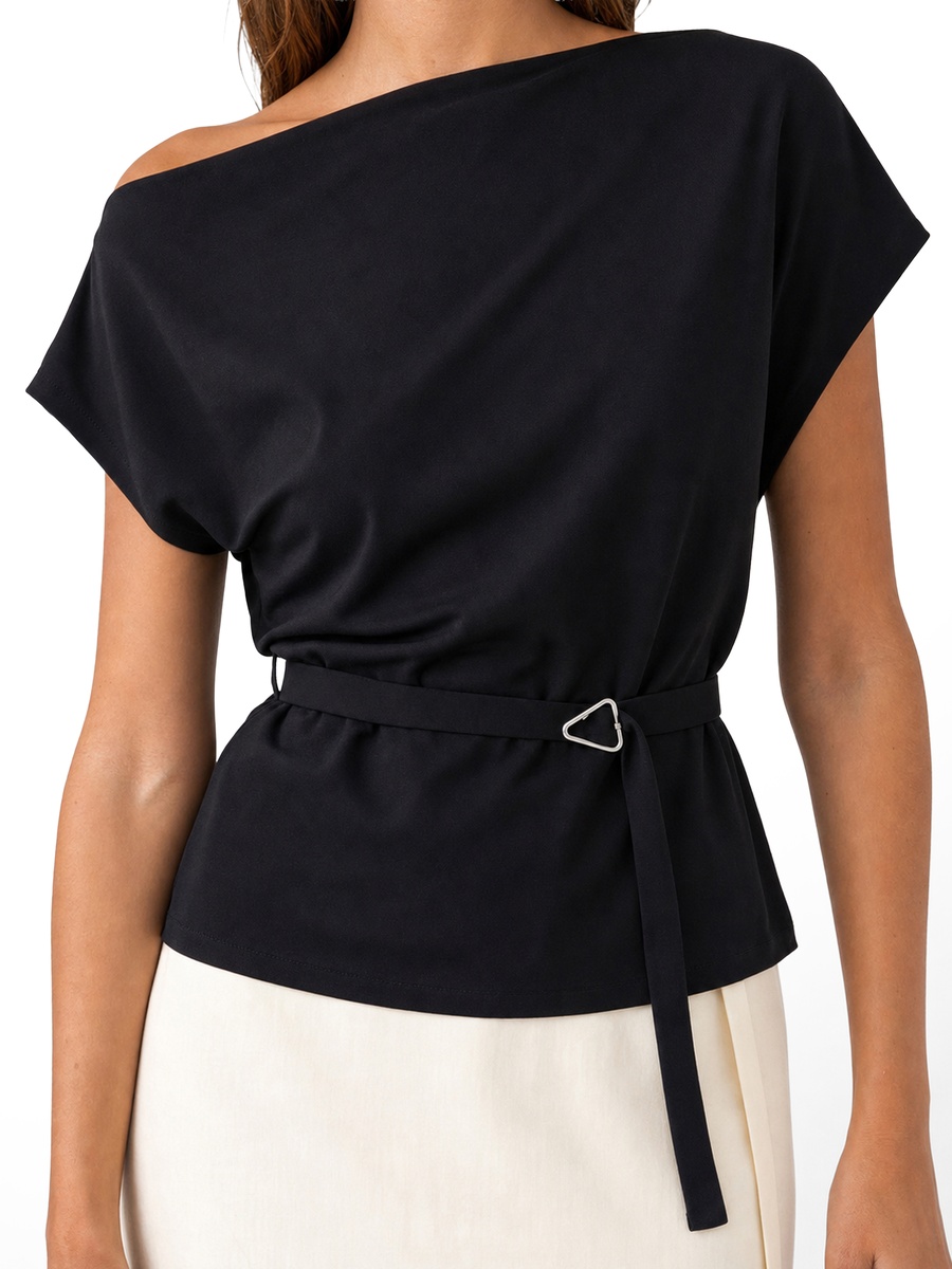 Black Boat Neck Short Sleeve Blouse