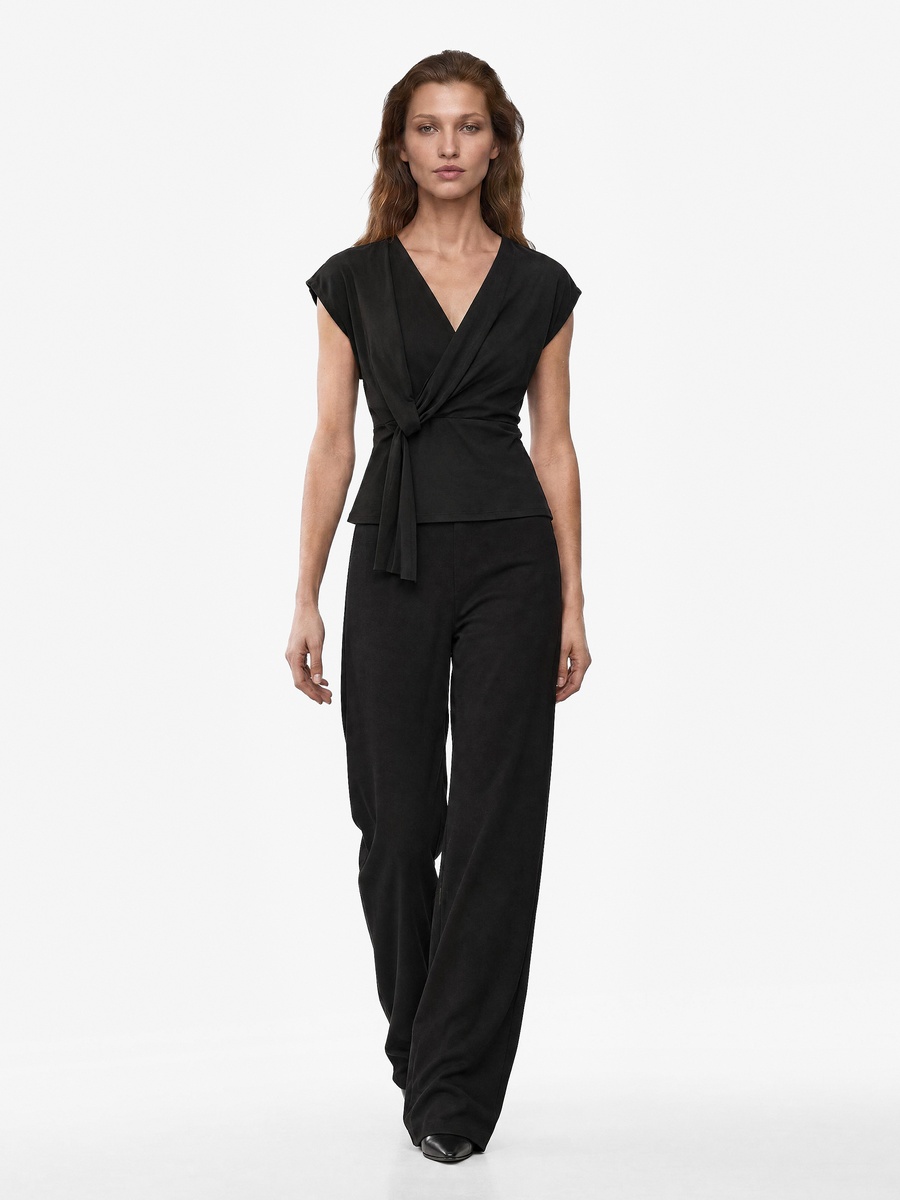 Black Short Sleeve Wrap Blouse