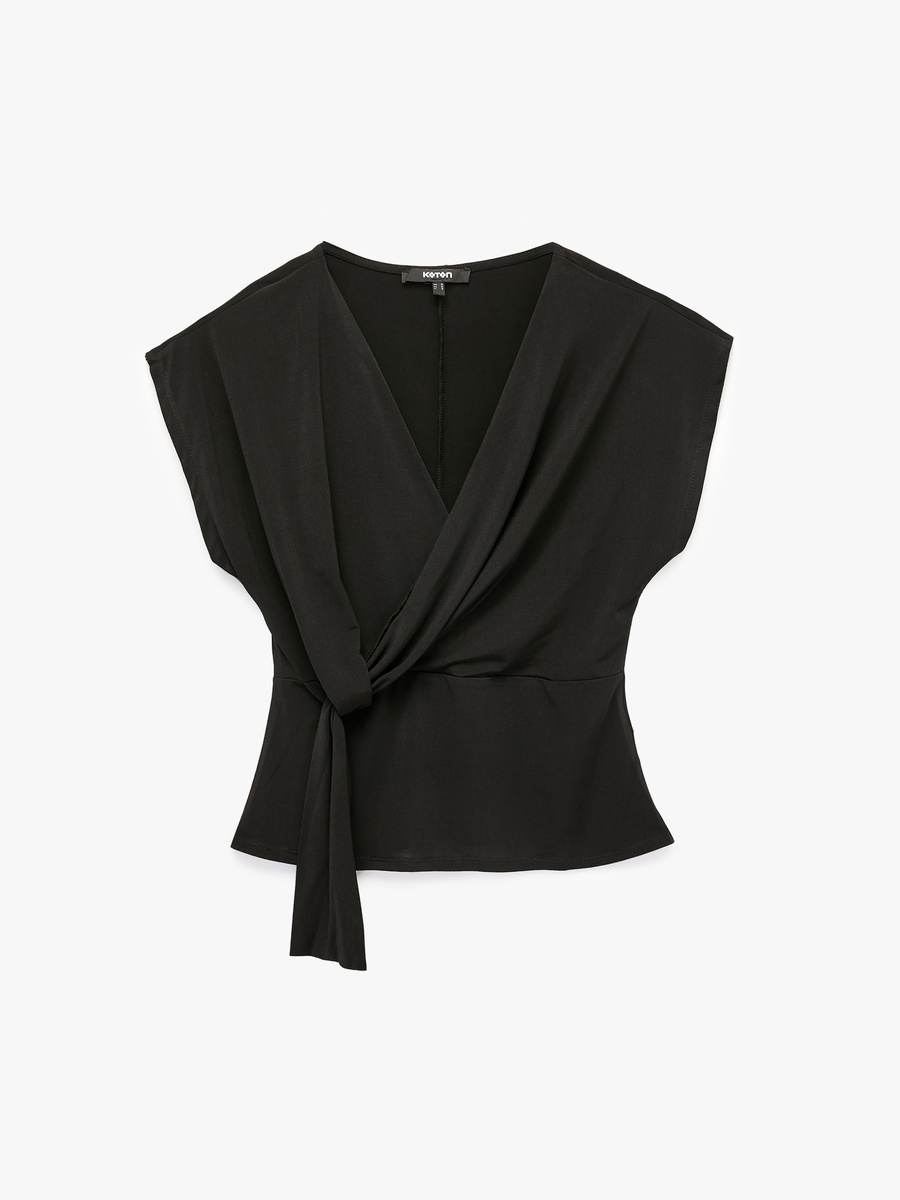 Black Short Sleeve Wrap Blouse