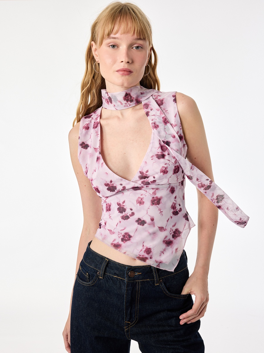 Pink Floral Sleeveless Blouse