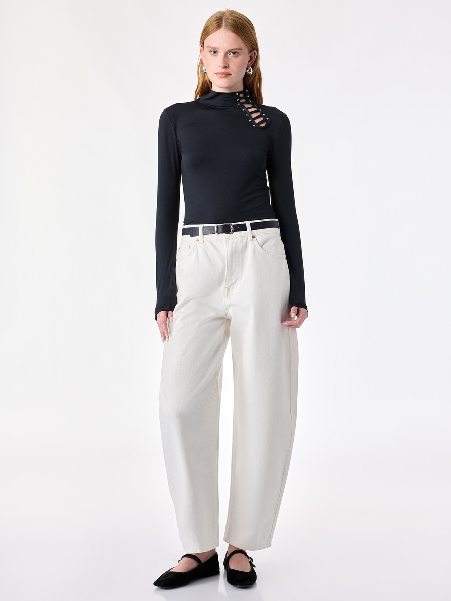 Black Mock Neck Long Sleeve T-Shirt with Cut-out Detail