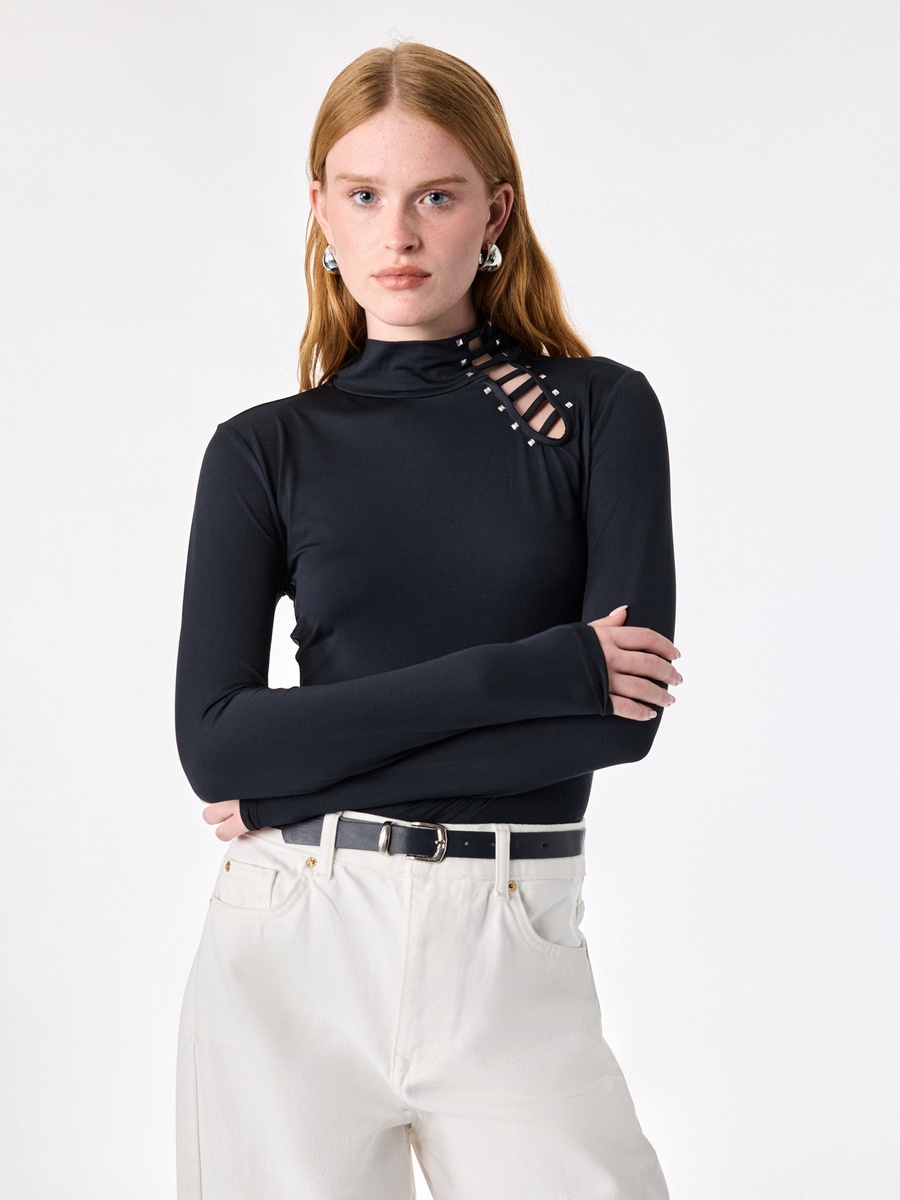 Black Mock Neck Long Sleeve T-Shirt with Cut-out Detail
