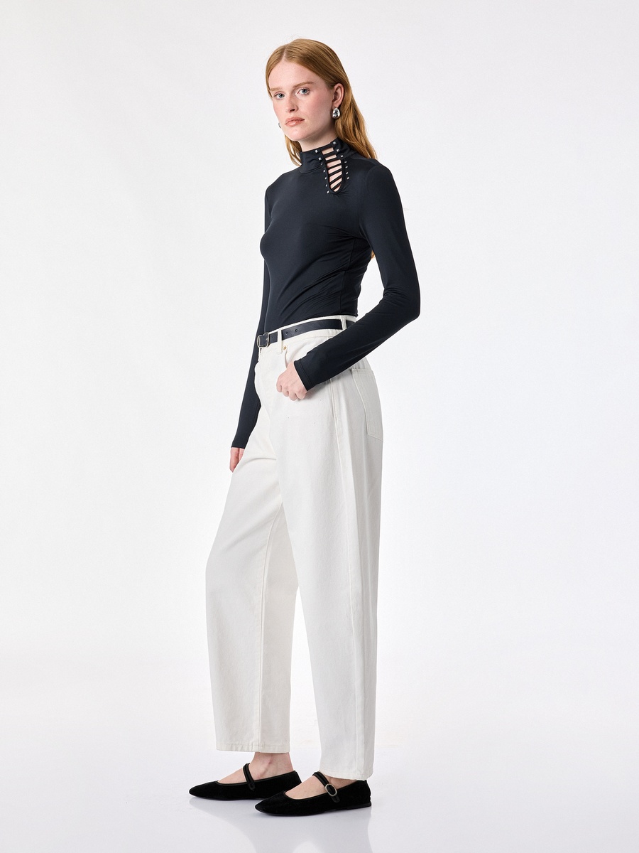 Black Mock Neck Long Sleeve T-Shirt with Cut-out Detail