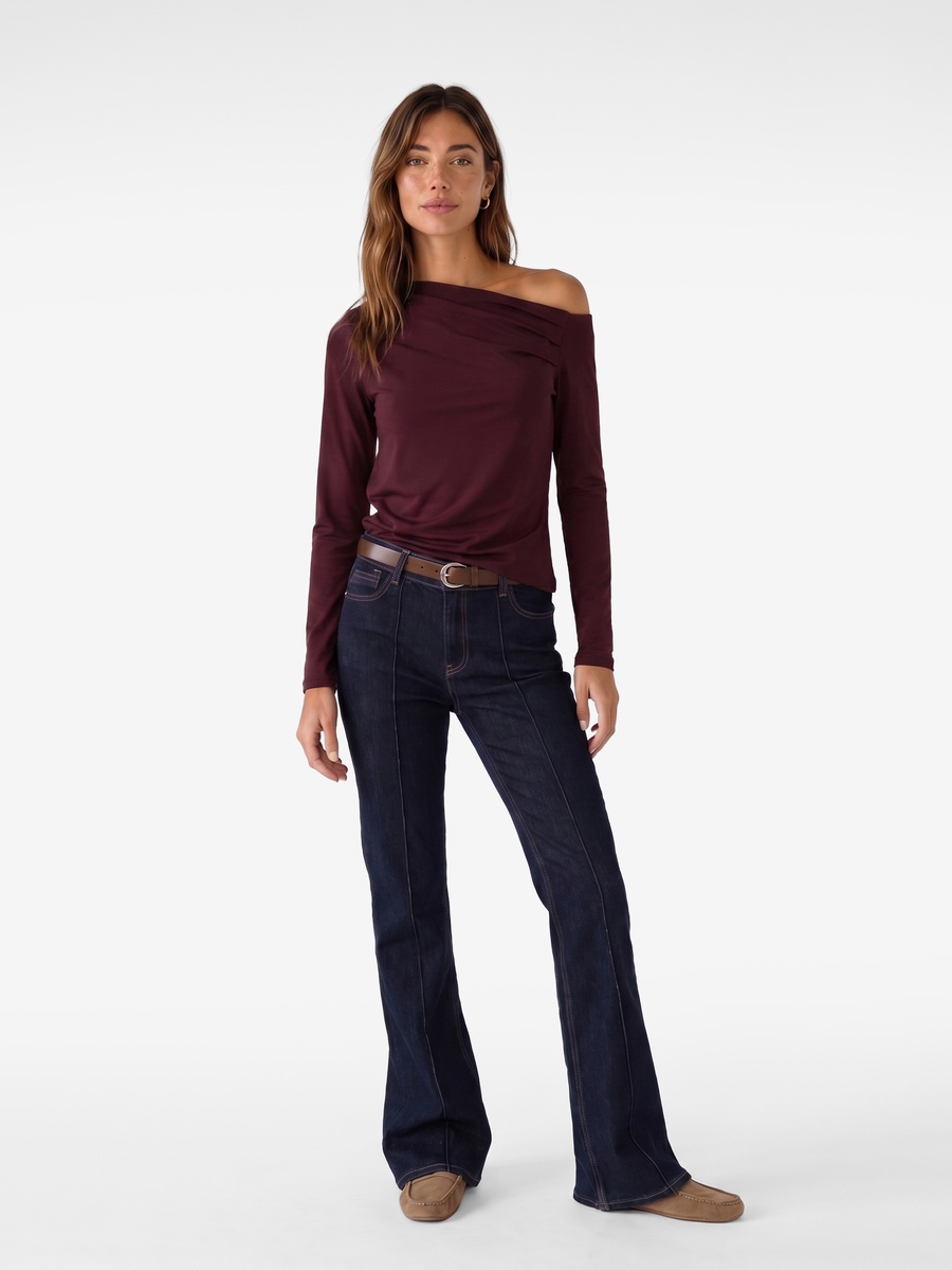 Burgundy One-Shoulder Long Sleeve T-Shirt