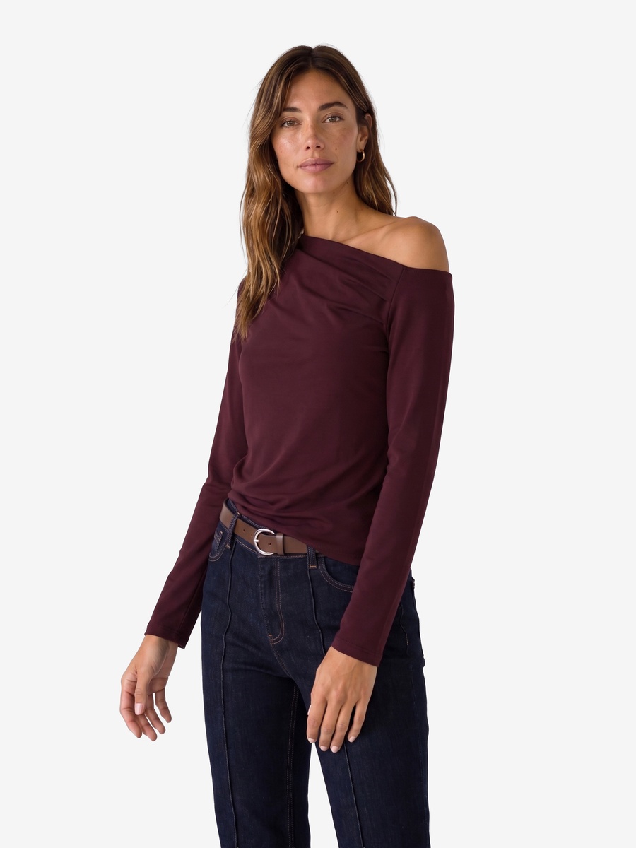 Burgundy One-Shoulder Long Sleeve T-Shirt