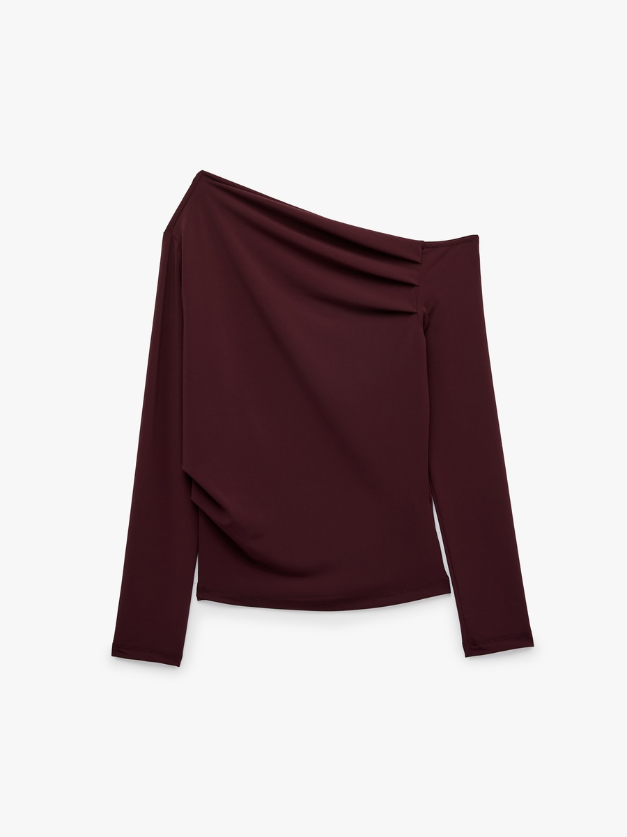 Burgundy One-Shoulder Long Sleeve T-Shirt