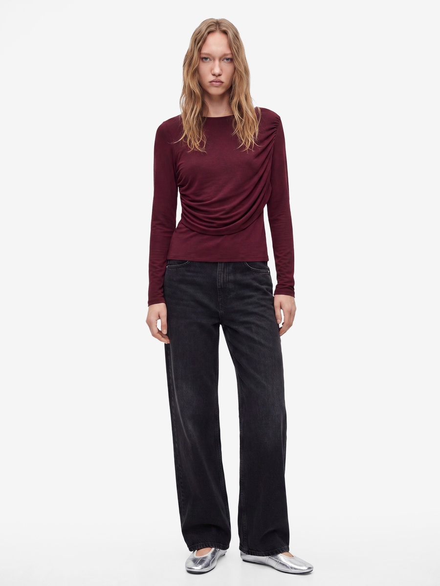 Burgundy Draped Long Sleeve T-Shirt
