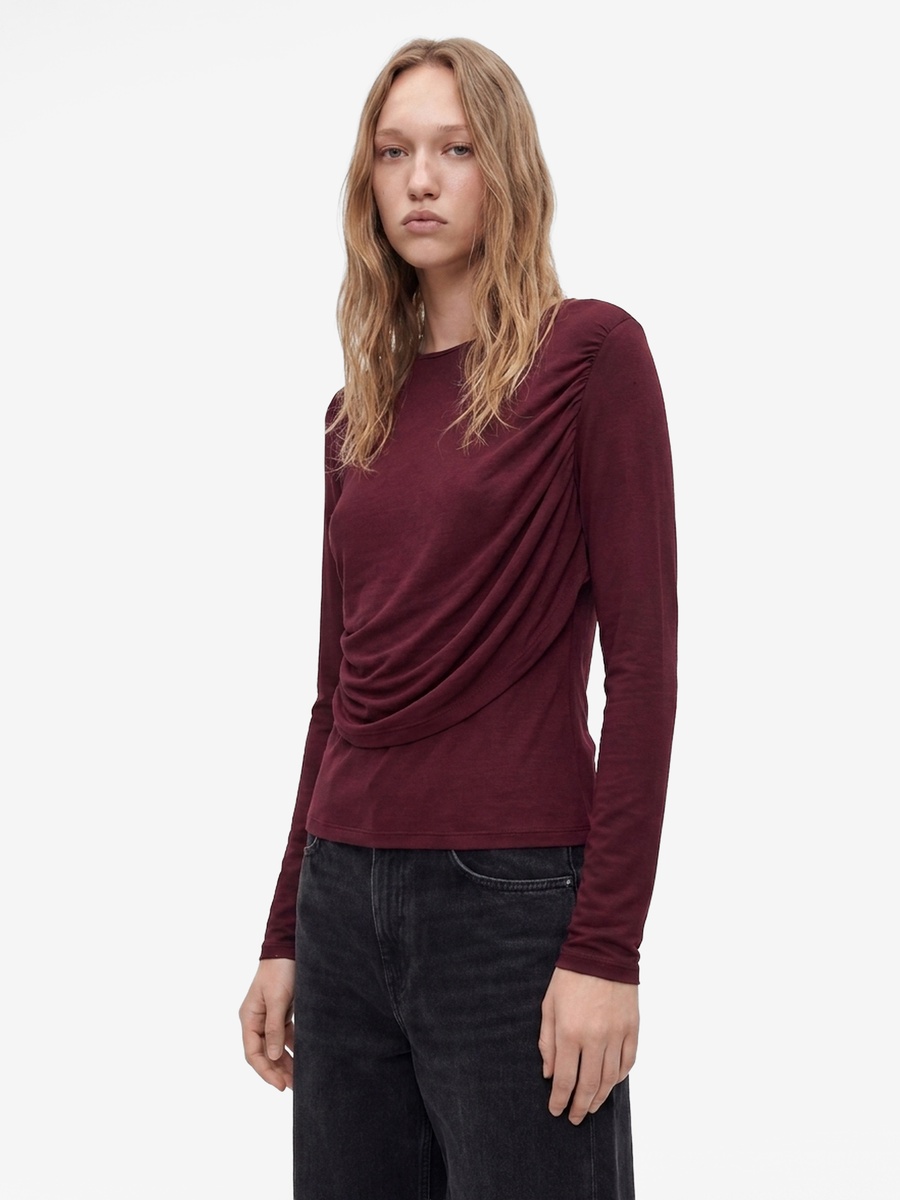 Burgundy Draped Long Sleeve T-Shirt