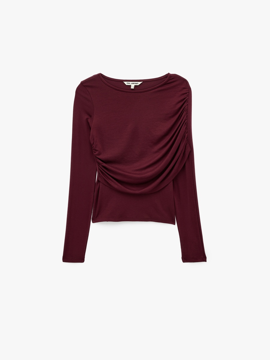 Burgundy Draped Long Sleeve T-Shirt