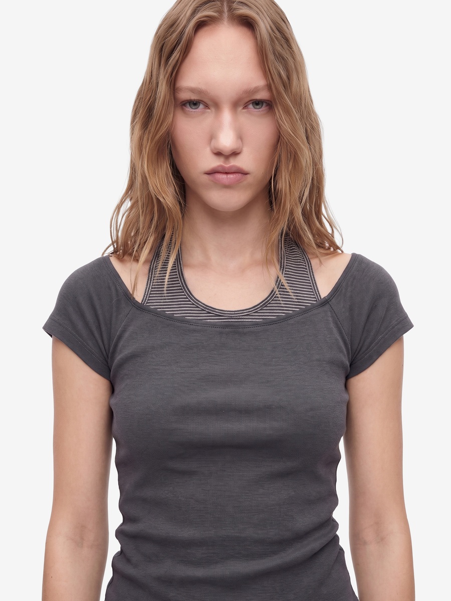 Grey Striped Regular Fit Short Sleeve T-Shirt